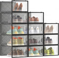 SONGMICS Shoe Storage Organizers - Pack of 12 Stackable Clear Plastic Boxes for Sneakers | 13.1 x 9.1 x 5.6 Inches, Transparent & Black