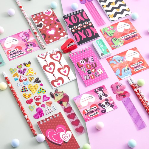 JOYIN 28 Packs Valentine's Day Stationery Set with Gift Card for Kids, Includes Pencils, Rulers, Notebook and Stickers for Classroom Exchange Party Favors Supplies