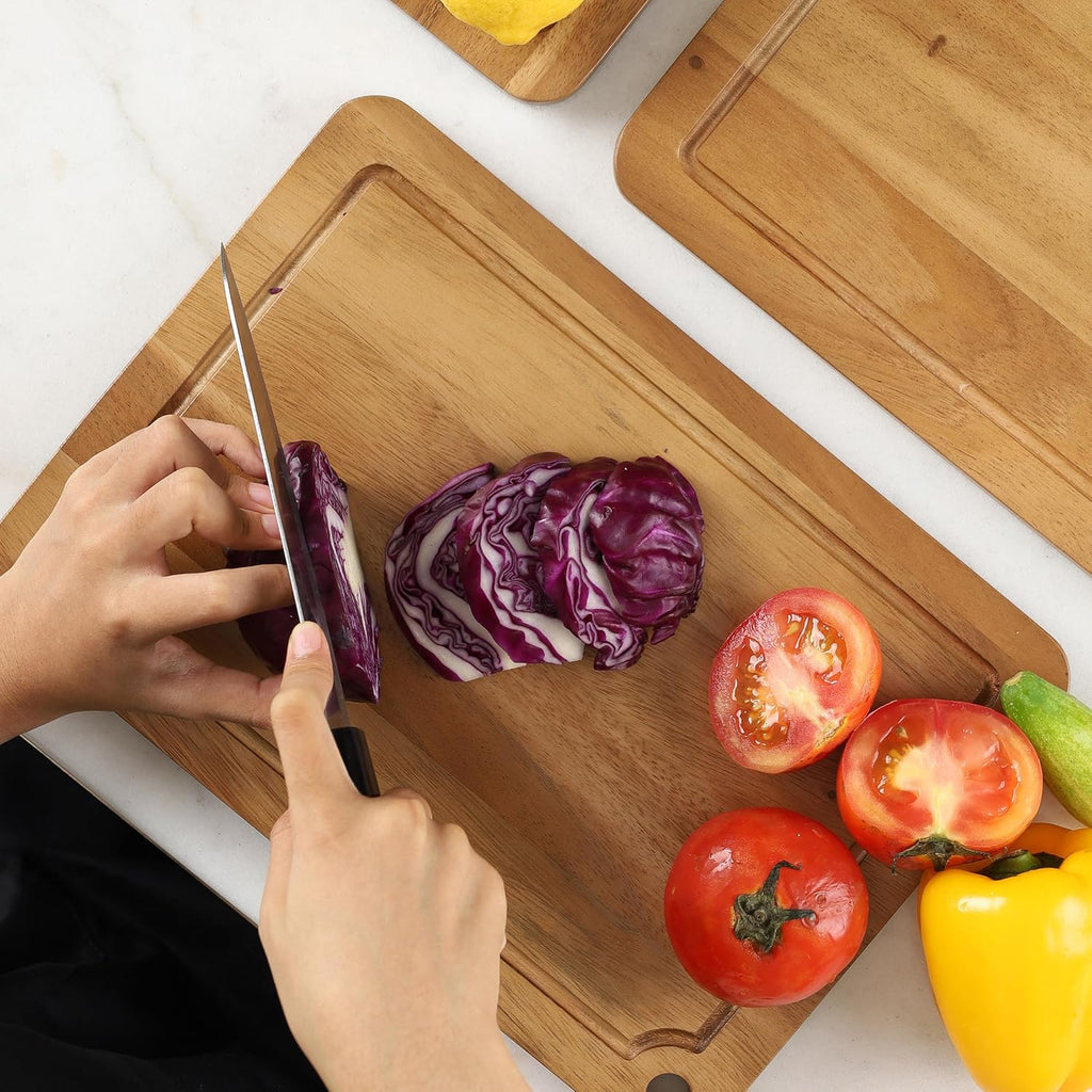 Sango Acacia Cutting Board Set - 3-Piece Wood Chopping Boards with Juice Grooves & Hanging Holes | Stackable, Reversible, Non-Toxic Design for Kitchen
