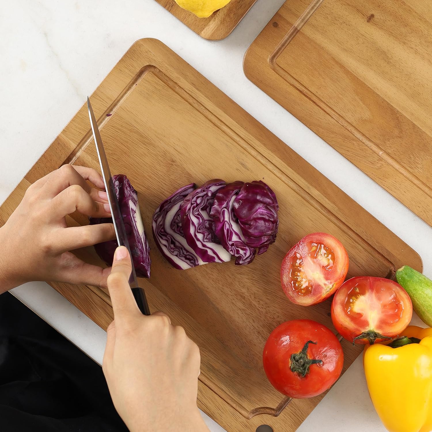 Sango Acacia Cutting Board Set - 3-Piece Wood Chopping Boards with Juice Grooves & Hanging Holes | Stackable, Reversible, Non-Toxic Design for Kitchen