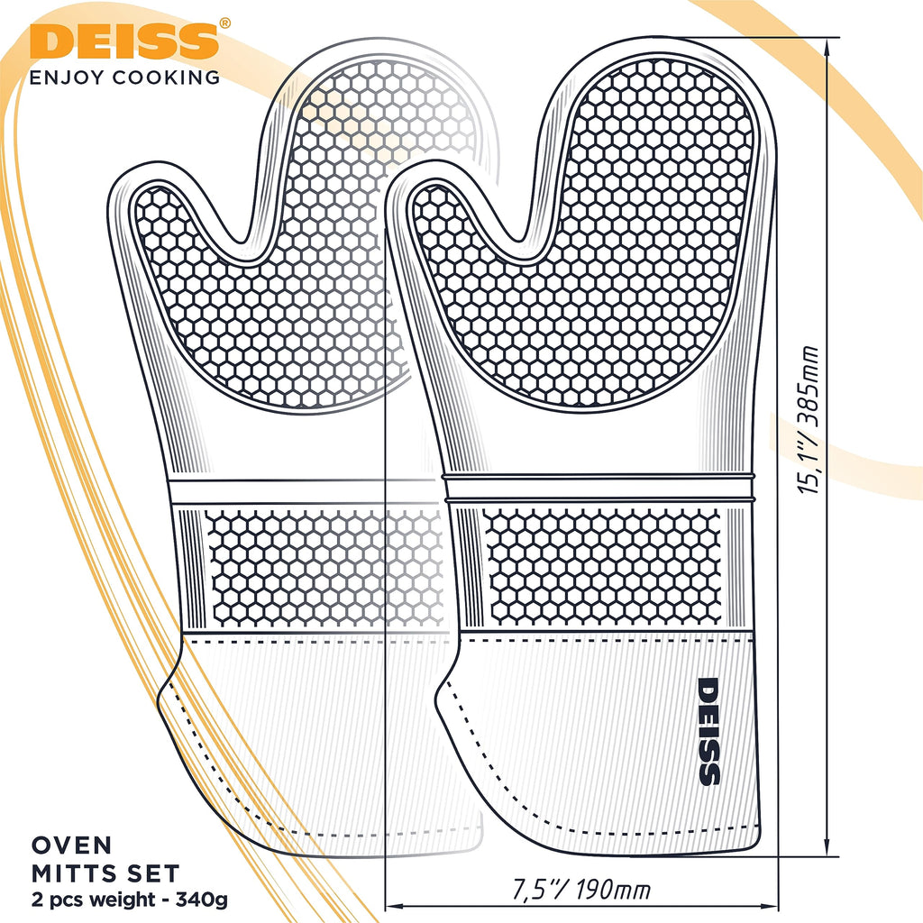 Deiss PRO Heat and Stain Resistant Silicone Oven Mitts Set, Soft Cotton Lining BBQ Gloves, Waterproof, Extra Long Flexible Thick Kitchen Mitts for Cooking, Non-Slip Grip Oven Gloves