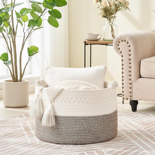 KAKAMAY Large Cotton Rope Blanket Basket - Stylish Storage for Baby Laundry & Toys | 20"x13" White/Beige