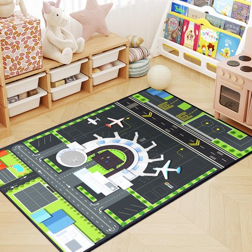 Isyorefam Play Rug for Kids Playroom, 3x4 Airport Carpet with City Road Traffic System and Aircraft Runway, Airport Playmat Airplane Rugs Non-Slip Washable Area Mat for Boys Bedroom