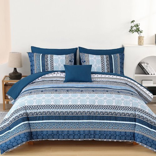 Boho Comforter Set Queen Size,8 Pieces Navy Blue Bohemian Striped Bed in a Bag,Paisley Soft Microfiber Bedding Comforter Set