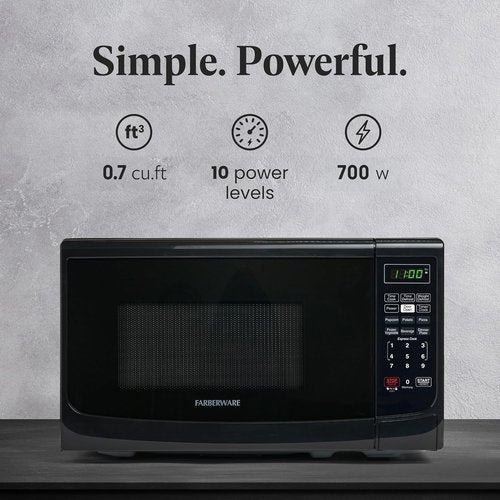 Farberware 0.7 Cu. Ft. Microwave Oven - 700 Watts, Auto Cook, Defrost & Easy Clean - Black Finish