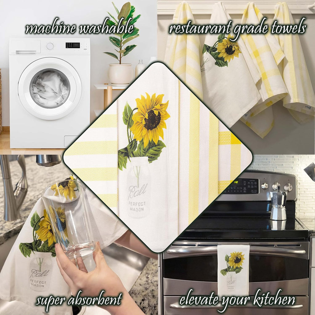 PERLLI Kitchen Dish Towels - 100% Cotton Absorbent Set of 4 | Yellow Lemon Print, 22.5 x 16 Inches