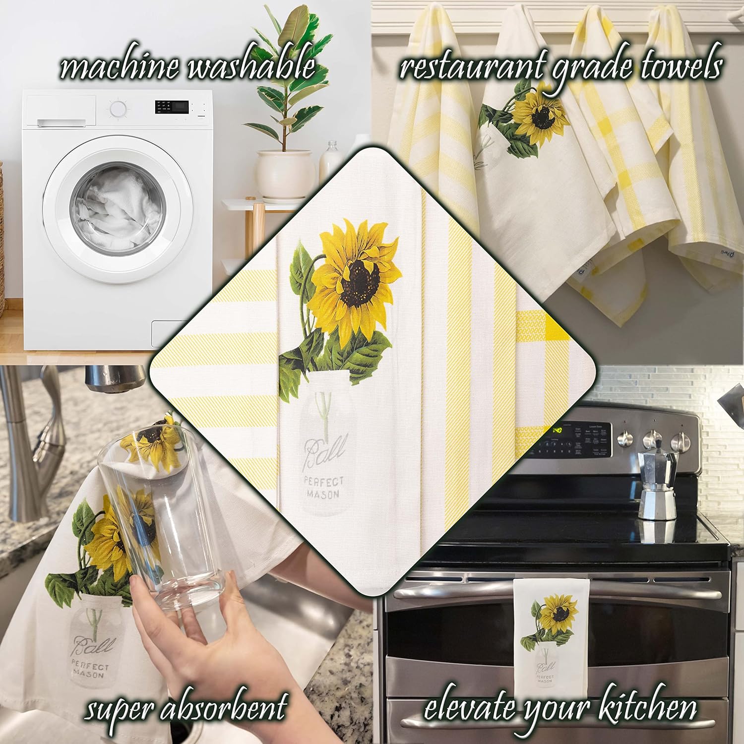 PERLLI Kitchen Dish Towels - 100% Cotton Absorbent Set of 4 | Yellow Lemon Print, 22.5 x 16 Inches