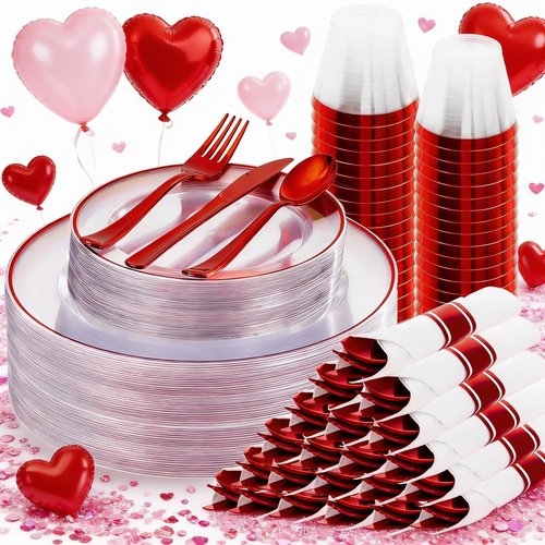 SUT 175 Pcs Red and Clear Plastic Dinnerware Set for 25 Guests, Include: 25 Dinner Plates, 25 Dessert Plates, 25 Pre Rolled Napkins With Silverware, 25 Cups, Disposable Plates for Party