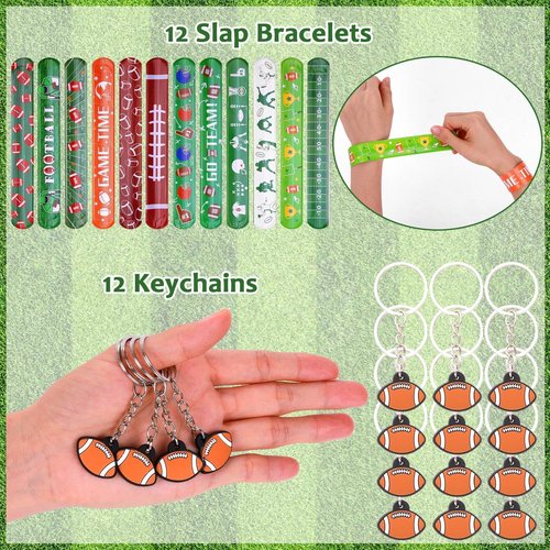 Justforjoyful 110 Pcs Football Party Favors for 12 Sets Football Party Supplies Drawstring Bag Backpack with Keychains Mini Football Stress Balls Slaps Bracelets Goodie Bag Stickers Presents Gift Set