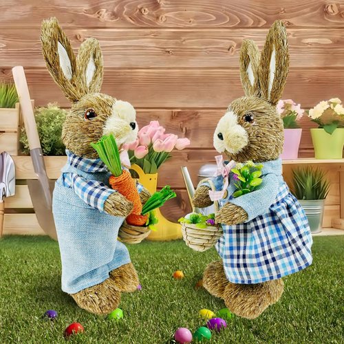 DearSun 14" Easter Bunny Figurine - Blue Sisal Rabbit Holding Carrots | Spring Table Decor for Home & Garden
