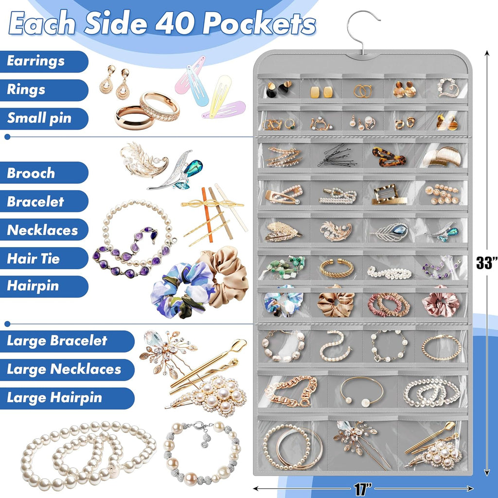 Simple Houseware Jewelry Organizer - 80-Pocket Hanging Storage for All Accessories | Gray