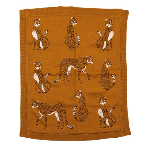 Creative Co-Op Soft Cotton Knit Baby Blanket with Decorative Cheetahs, Mustard Color