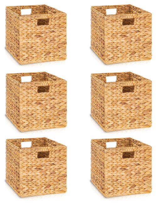 TREVIETDECOR 10.5x10.5in Wicker Storage Baskets, Handwoven Water Hyacinth Foldable Cube Bins for 11.5" × 11.5" and Larger Cube Shelves, Set of 6 (Natural)