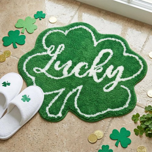 Woaoce St. Patrick's Day Bath Rug Lucky Green Shamrocks, Happy Saint Patricks Doormat Irish Four Leaf Mat Non Slip Rugs for Bathroom Entrance Front Door Indoor Outdoor 24x24 Inches