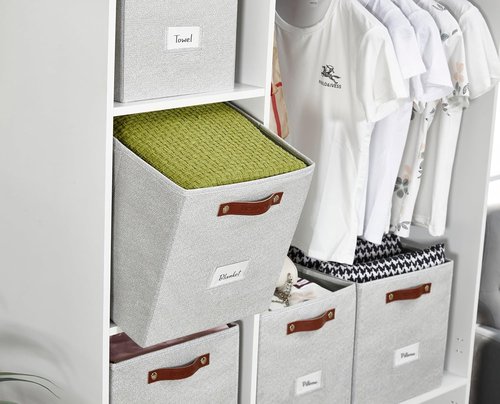 DECOMOMO Storage Baskets - 13x15x13 Cube Bins with Labels for Organized Shelves | Light Grey (4pcs)