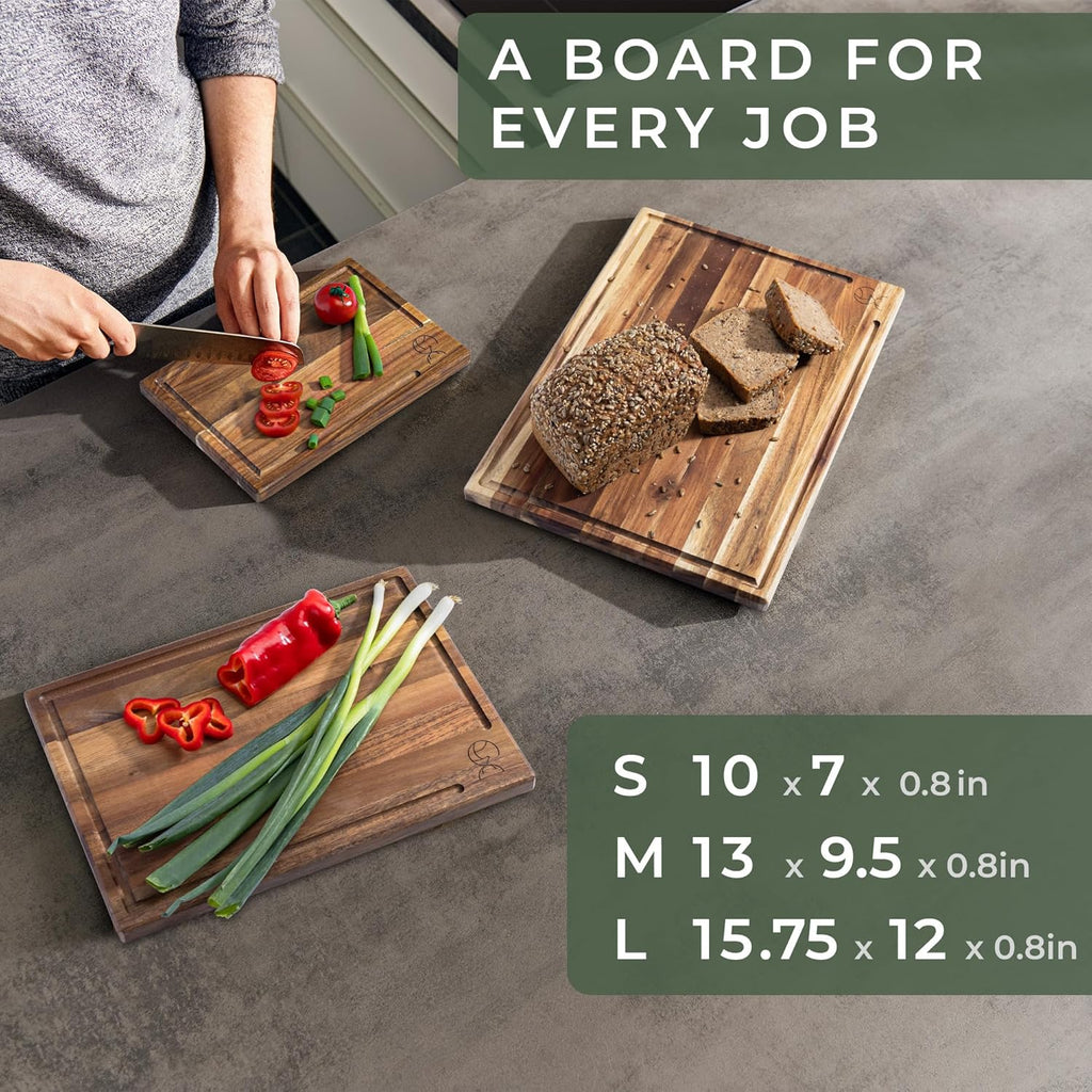 WALDWERK Acacia Wood Cutting Board Set - Durable 0.8" Thick Kitchen Boards | 15.75 x 12/13 x 9.5/10 x 7 in