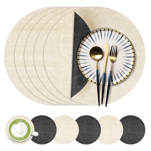 13-Inch Faux Leather Round Placemats Set of 6, Waterproof Anti-Slip Dual Sided Place mats, Heat Resistant Washable Table Mats with Coaster, Suitable for Indoor & Outdoor (6, Black Beige)