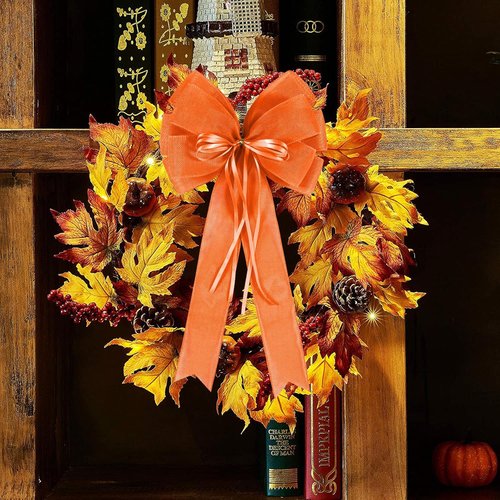 Hongsome Fall Bows for Wreaths Decor - 2 PCS Decorative Orange Burlap & Glitter String Bows for Autumn