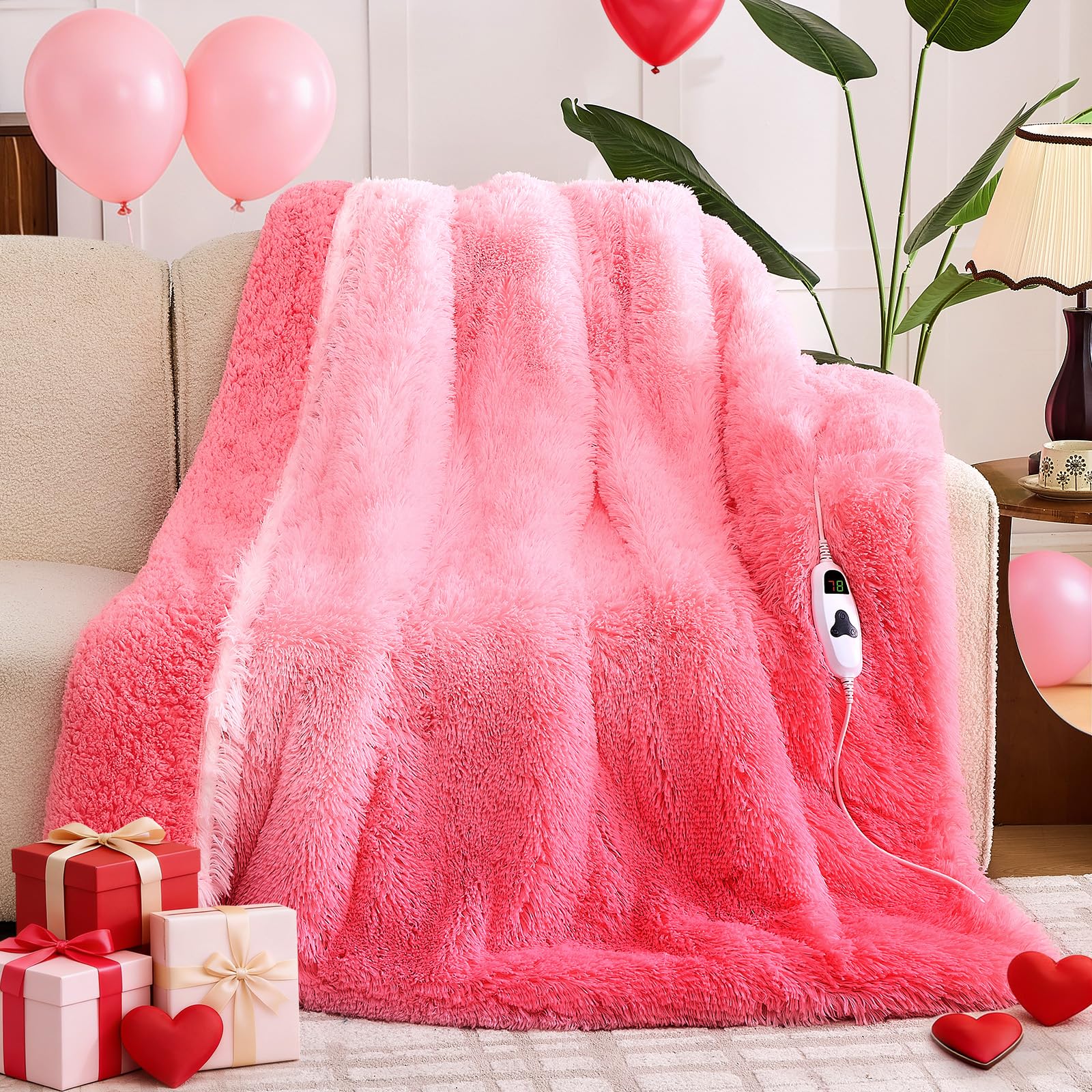 RUJIPO Heated Electric Blanket Heating Throw,Warm Winter Christmas Birthday Gifts for Her Women Grandma Seniors-Faux Fur Blanket with Soft Sherpa,10 Heat Settings,5 Time Settings,50x60, Baby Pink
