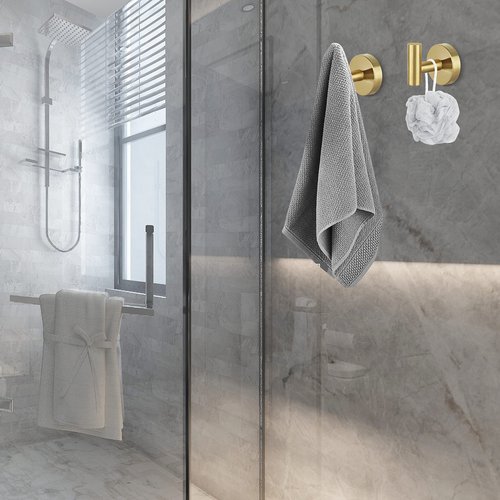 Homagic Towel Hooks for Bathroom 2 Packs Screw- in Gold Wall Mount Towel Holder Towel Rack, Heavy Duty Robe Coat Loofah Hooks for Shower, Kitchen,Hotel, Pool Tile, Brick Modern Style Decor Wall Hooks