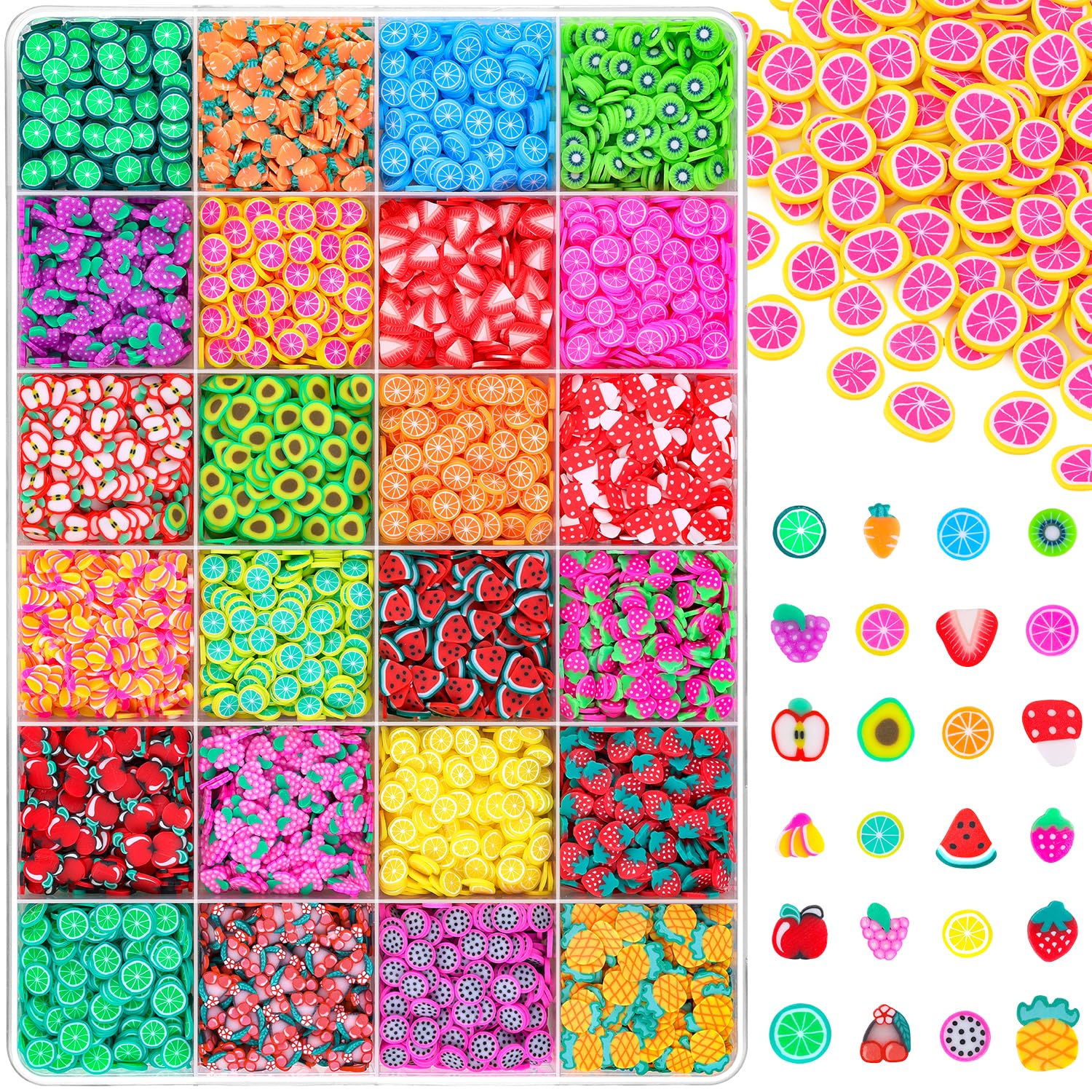 TINKRSTUFF Fruit Slice Polymer Clay Slime Add-Ins - 24-Grid Assorted Fimo Accessories for Nail Art & DIY Crafts