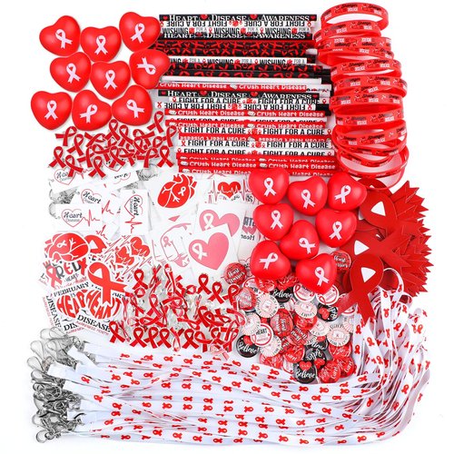 Hollowfly 400 Pcs Red Ribbon Heart Health Awareness Item Includes Ribbon Awareness Silicone Wristband Key Chain Pencil Cutout Lanyards Button Pin Sticker for Charity Fundraising Party Supply