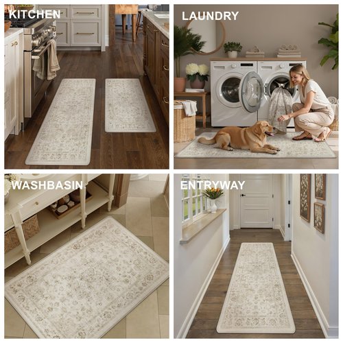 WondRg Neutral Kitchen Mats for Floor Anti Fatigue Mat for Cushioned Beige Vintage Waterproof Non-Slip Kitchen Mats Comfort Standing Rug for Sink Laundry Office 17.3"×30"