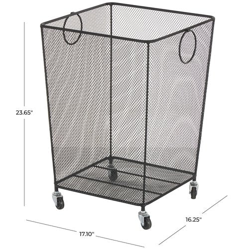 Deco 79 Metal Storage Basket Square Mesh Wire Rolling Laundry with Ring Handles, 17" x 16" x 24", Black