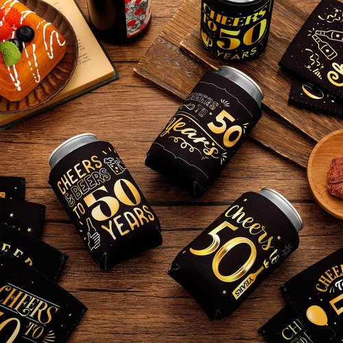 Umigy 48 Pcs 50th Birthday Party Favors Cheer to 50 Years Can Sleeve 50 Years Old Birthday Decorations Black and Gold over the Hill 50th Party Supplies for Men Women Guests
