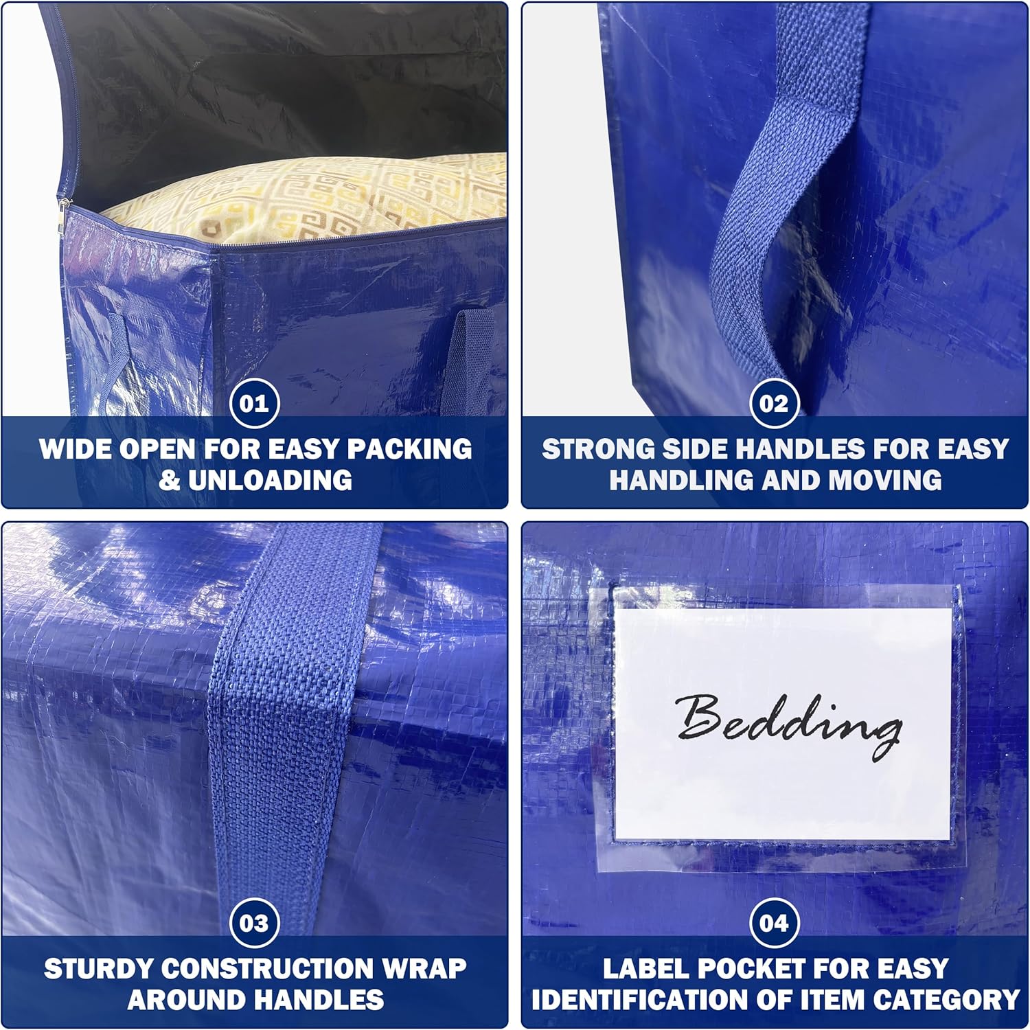 Skiennix Extra Heavy Duty Large Moving Bags - Strong Zipper & Handles | 33 Gallon, Dark Blue, 8 Pack