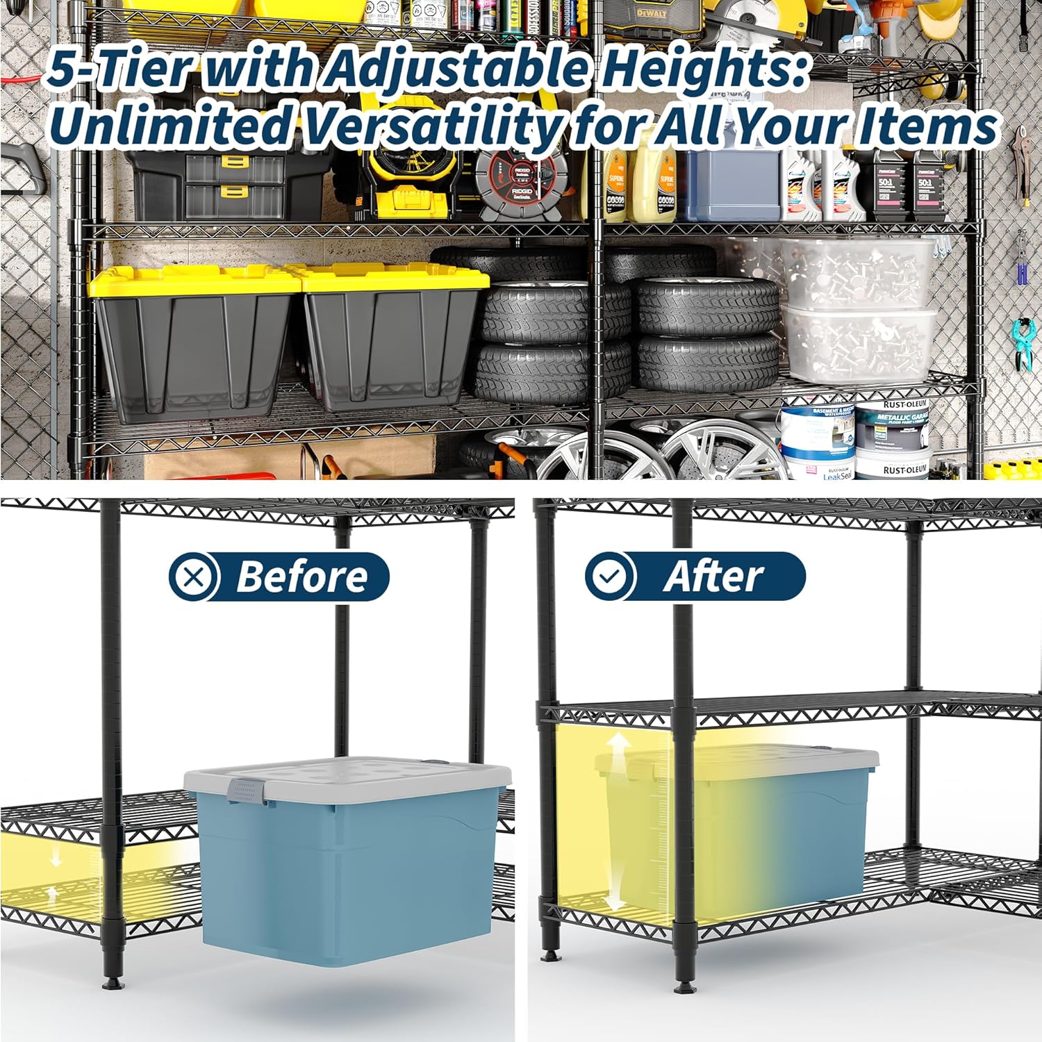 Regine Switzerland 5-Tier Metal Storage Shelving Unit - Heavy-Duty Wire Shelves for Home & Garage | 70.5" H x 59" W x 13.8" D