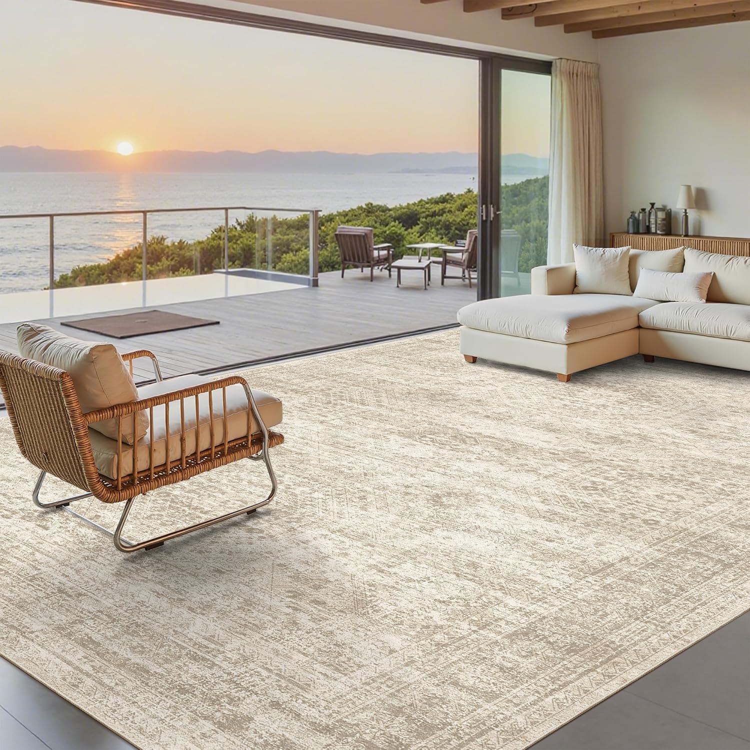Soalmost 9x12 Area Rug - Non-Slip, Machine Washable Vintage Design for Living Room & Bedroom - Beige