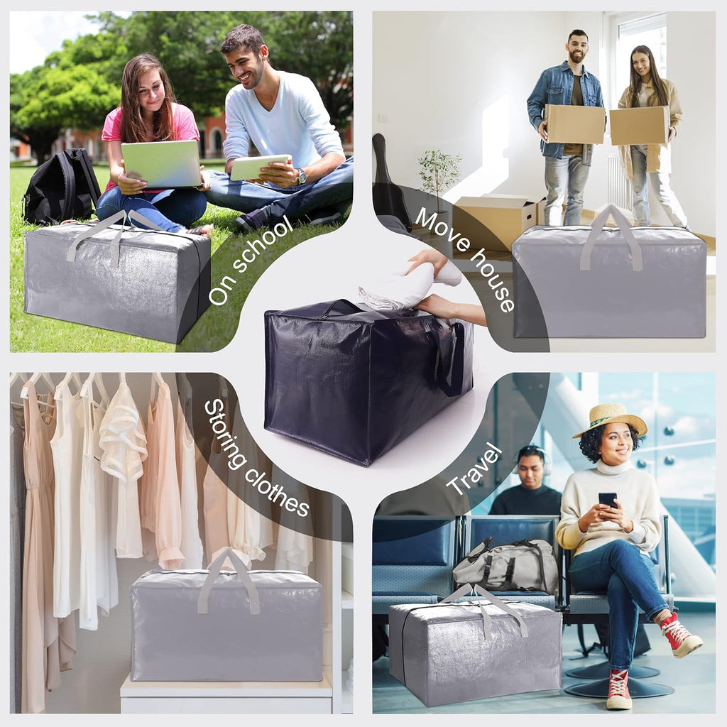 VELVETSURE Extra Large Heavy-Duty Moving Bags - Durable Storage Totes with Backpack Straps & Zippers | Set of 6, Silver