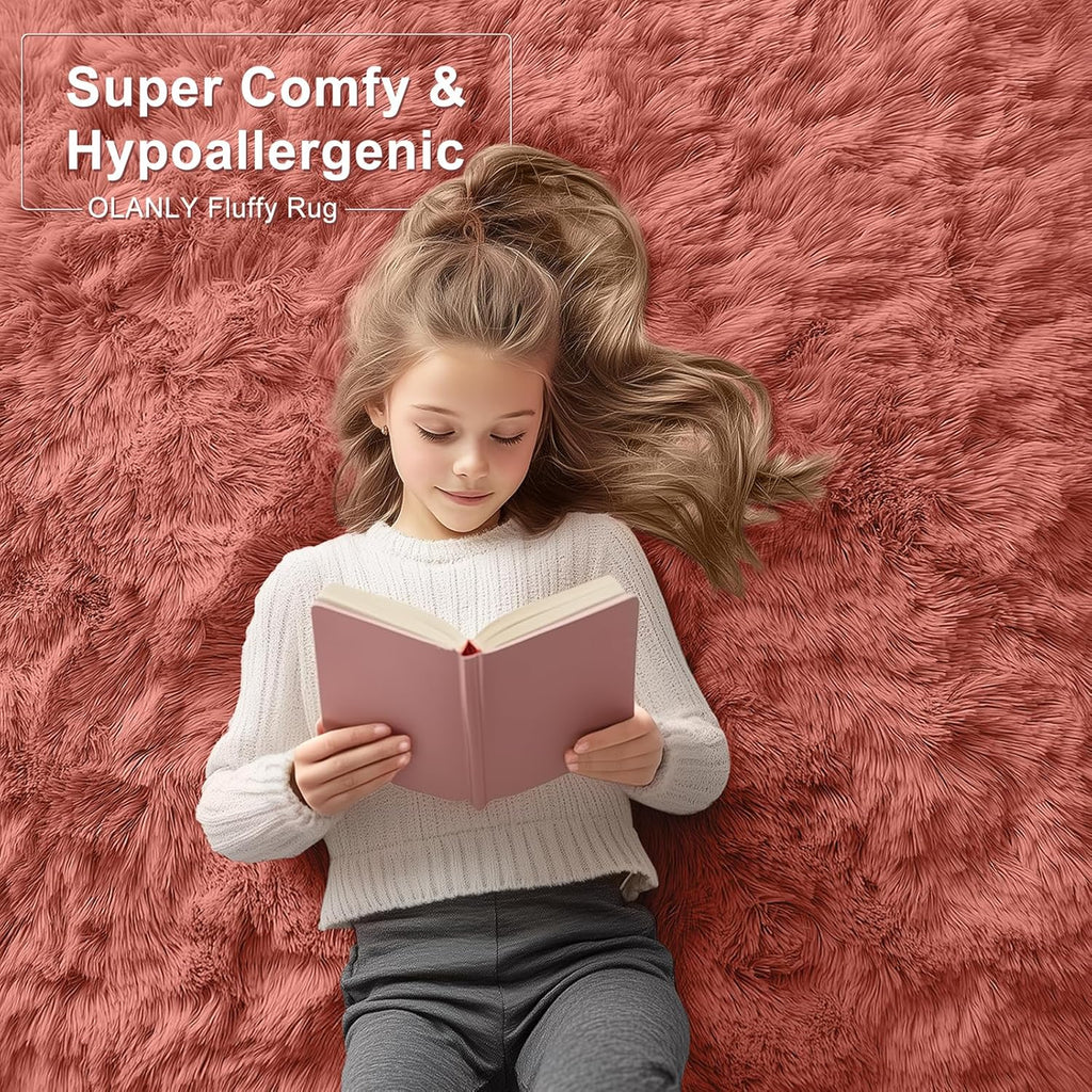 OLANLY Machine Washable Runner Rugs - Soft Fluffy Shaggy Design for Bedroom & Hallway | Rust Red