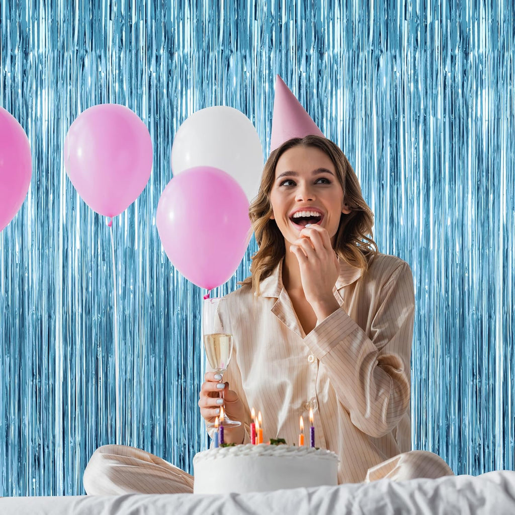 Skiennix 2 Pack Fringe Backdrop - Metallic Ocean Blue Foil Curtains | 3.28 FT x 7.05 FT Birthday & Bachelorette Party Decor