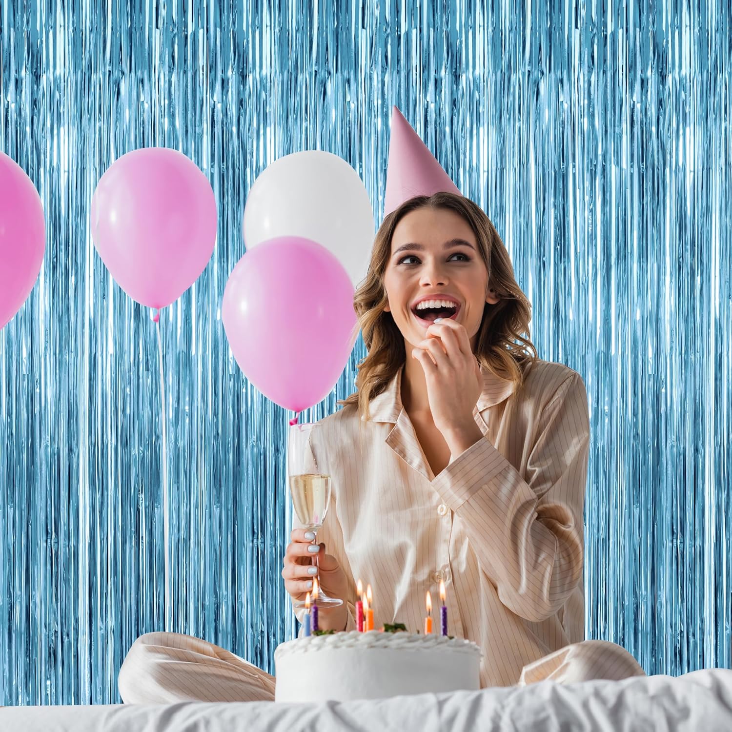 Skiennix 2 Pack Fringe Backdrop - Metallic Ocean Blue Foil Curtains | 3.28 FT x 7.05 FT Birthday & Bachelorette Party Decor
