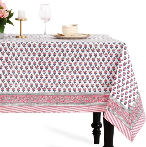 CPC Tablecloth - 100% Cotton Square Table Cover | 60x60 Inch Indian Block Print - Pink Sapphire