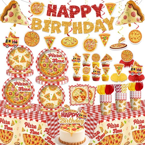 Xynic 191pcs Pizza Party Decorations Tableware Set Serves 25 Pizza Birthday Party Decorations, Disposable Pizza Themed Plates and Napkins Set, with Cakes Toppers, Banner and Tablecloths
