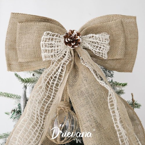 Burlap Christmas Tree Topper Bow - Rustic 13-Inch Jute Bow with Pine Cone for Holiday Decor