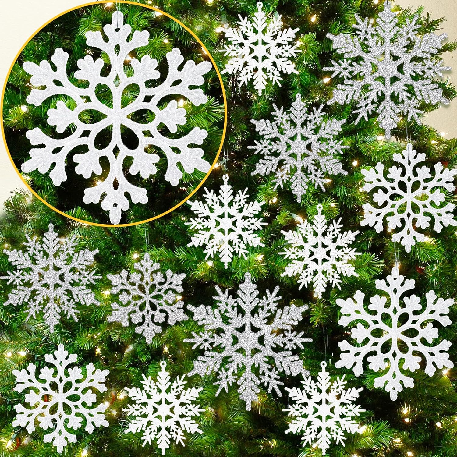 Skiennix Christmas Snowflake Ornaments - 36Pcs Glittering Plastic Hanging Decor for Winter Wonderland