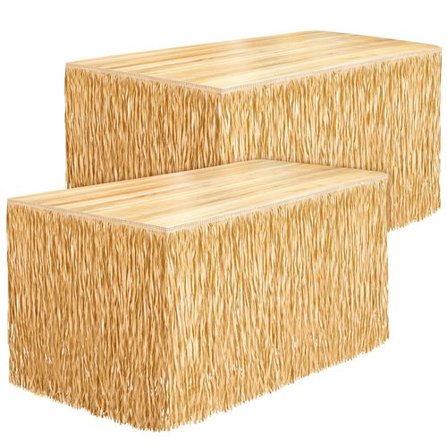 Fovths 2 Packs Luau Grass Table Skirt Fringe Dark Straw Grass Skirt 108 x 30 Inch Hibiscus Hawaiian Table Skirts Rectangle Tropical Luau Party Decorations for Hawaiian Decorations