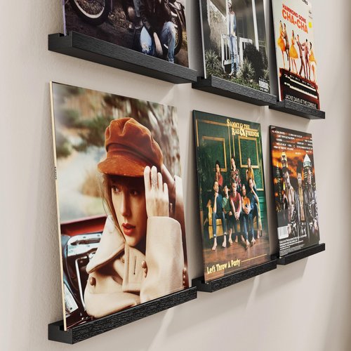 Emfogo Vinyl Record Shelf Wall Mount, 6 Pack Album Record Holder Wall, 12 inch Vinyl Record Storage Shelves Wall, Wood Record Display for Living Room(Black)