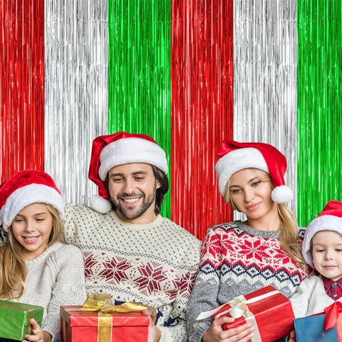 2 Pack Metallic Christmas Backdrop | Red, Silver & Green Streamer Curtains - 3.28 FT x 7.05 FT
