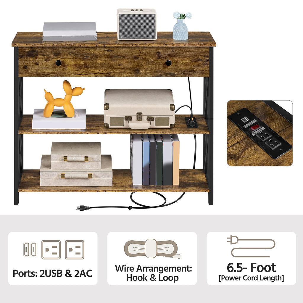Yaheetech Console Table with 2 Outlets and 2 USB Ports, Industrial Entryway Table with Drawer and Storage Shelves, Narrow Sofa Tables with Metal Frame for Living Room, Hallway, Rustic Brown