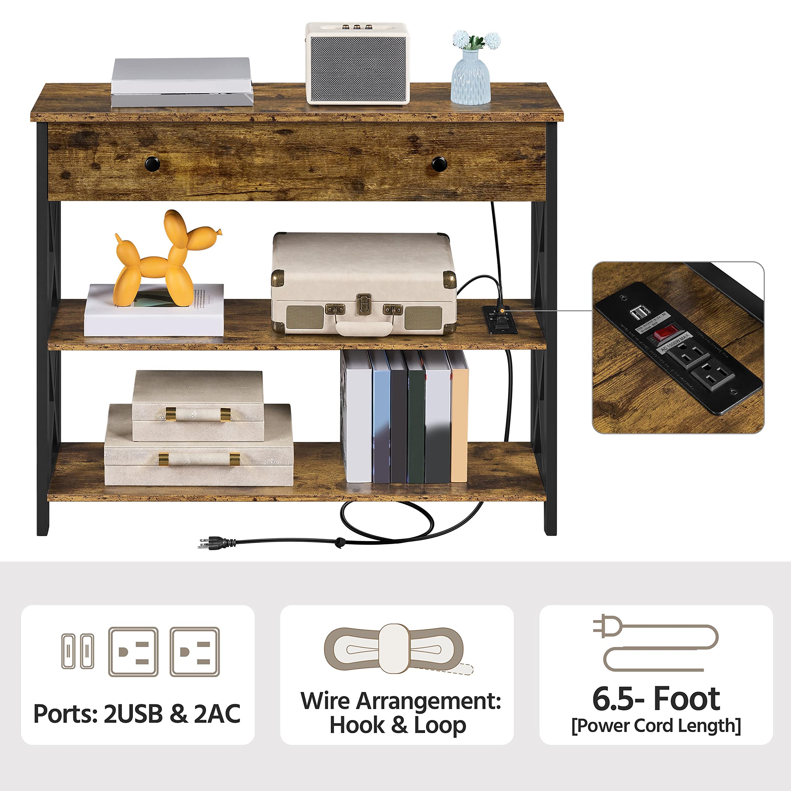 Yaheetech Console Table with 2 Outlets and 2 USB Ports, Industrial Entryway Table with Drawer and Storage Shelves, Narrow Sofa Tables with Metal Frame for Living Room, Hallway, Rustic Brown