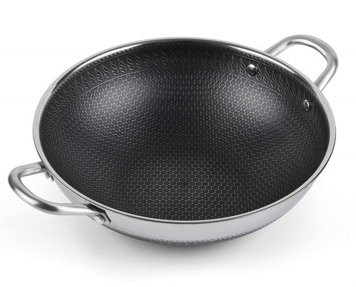 Hikaru 12.5” Wok Pan with Dual Honeycomb Wok Stainless Steel Wok Pan with Nonstick Coating, Frying Pans Cookware, Two Handles,Works with Induction ,Gas, Electric, Ceramic Furnace Stove, Without Lid