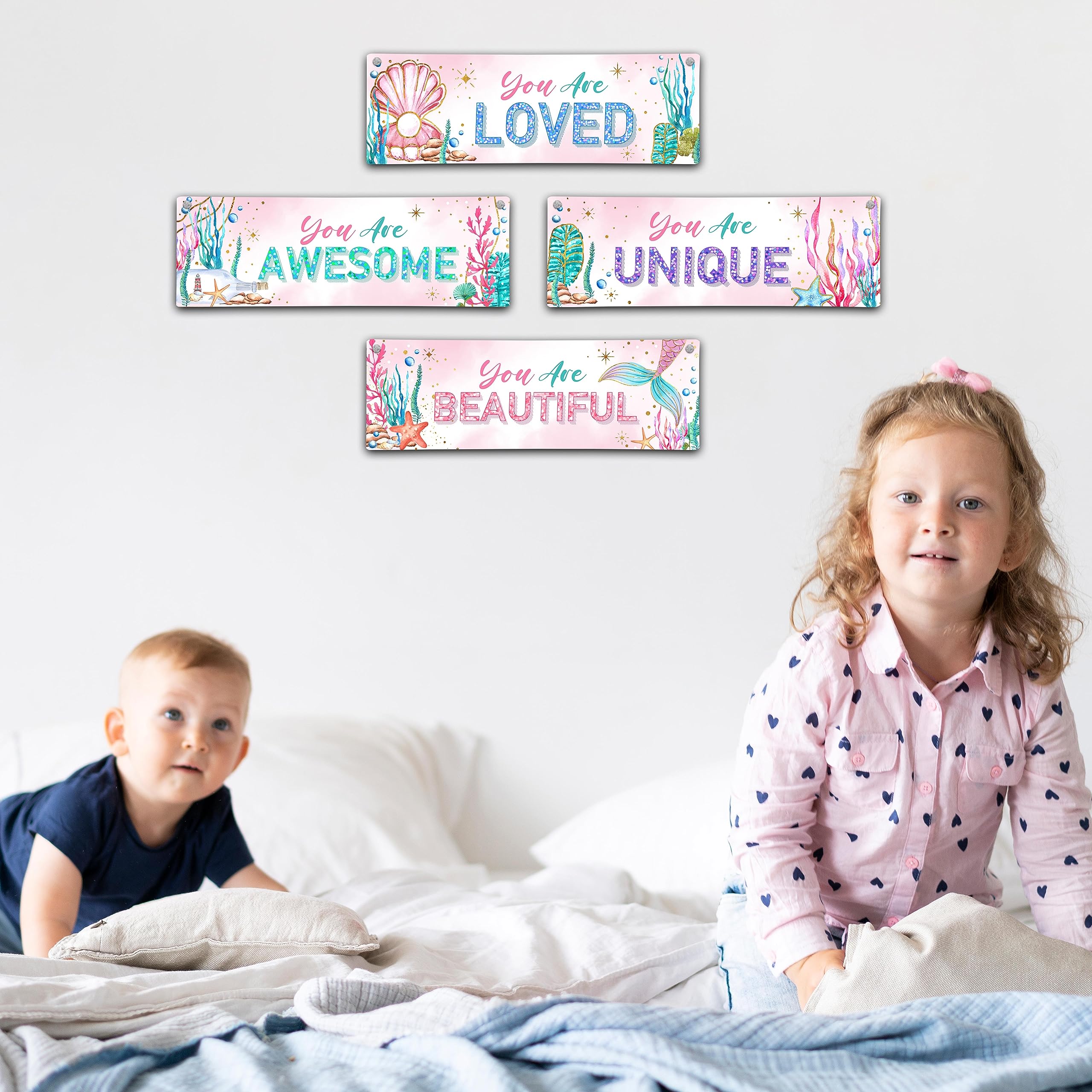 4 Pieces Mermaid Girls Bathroom Room Decor, 11.8" x 3.9" Under the Sea Wall Decor Wood Sign, Motivational Wall Art For Kids Room Nursery Playroom Classroom-A07