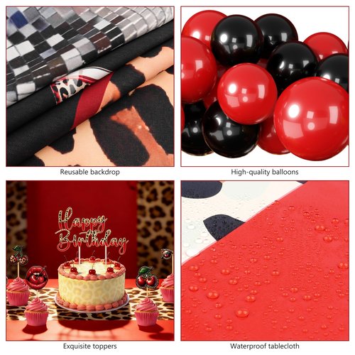 THAWAY 124Pcs Cheetah Print Birthday Decorations, Red Cherry and Leopard Theme Party Supplies with 73x43" Backdrop, 2 Tablecloths, Balloon Arch Kit and Cake Toppers for Women Girls Lady Night