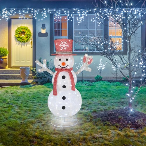 Outdoor Snowman Lighted, Pop-Up Snowman Outdoor Yard Holiday Decorations Prelit 100 Lights, Collapsible Lighted Snowmen Wear Scarf and Hold Light Up Gift Box for Pink Christmas Décor-Pink