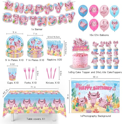 114Pcs Axolotl Birthday Party Supplies Include Happy Birthday Banner-Backdrop-Balloons-Cake Topper-Cupcake Toppers-Tableware-Plates-Napkins-Cups-Cutlery-Tablecloth for Axolotl Party Decorations